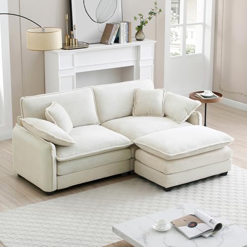81" Corduroy Modern Loveseat Sofa, 2 Seater Sectional Couches for Living Room, Beige White Deep Seat L Shaped Modular Sectional Sofa with Ottoman, Sofá de dos plazas - color: Upgraded-beige White, size: 2 Seater + 1 Ottoman