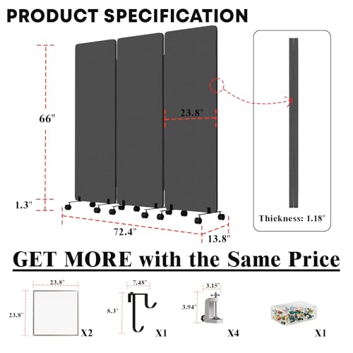 3 Panel Soundproof Room Divider W/Wheels, Office Divider with Whiteboard | 66" H with Detachable Whiteboard/Clips/Hooks/Pushpins,Wheeled Room Dividers, Easy to Move,For Conference Room Partitions - color: Dark Grey, size: 3-Panel-with Board