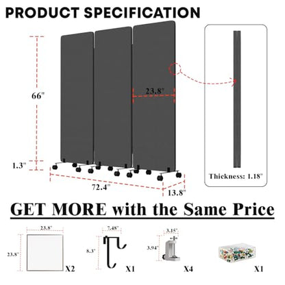 3 Panel Soundproof Room Divider W/Wheels, Office Divider with Whiteboard | 66" H with Detachable Whiteboard/Clips/Hooks/Pushpins,Wheeled Room Dividers, Easy to Move,For Conference Room Partitions - color: Dark Grey, size: 3-Panel-with Board