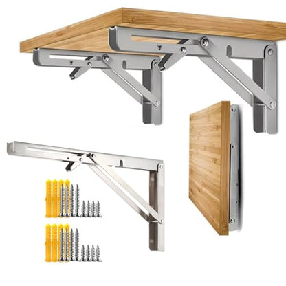 2 Pcs10'' Folding Shelf Brackets, Triangle Stainless Steel L Brackets | Silver, Heavy Duty, Collapsible, DIY Wall Mounted Folding Table Hinge, Space Saving for Bench Table with Screws - size: 10 in (2Pcs)