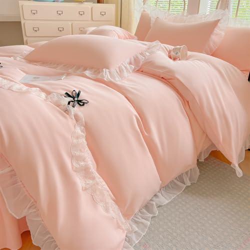 MOOWOO Lace Ruffled Bedding Setwith Cute Bowtie- 3PC(1 Full Duvet Cover 80x90 Inch, 2 Pillowcases) Aesthetic Bedding for Romantic French Wedding - color: Pink, size: Full