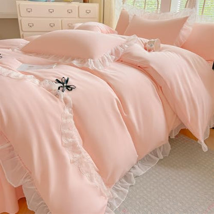 MOOWOO Lace Ruffled Bedding Setwith Cute Bowtie- 3PC(1 Full Duvet Cover 80x90 Inch, 2 Pillowcases) Aesthetic Bedding for Romantic French Wedding - color: Pink, size: Full