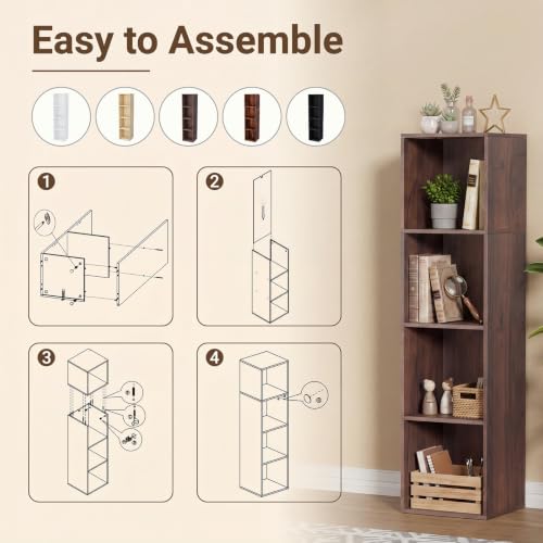 4 Cube Walnut Book Shelf, Tall Bookcase for Home Office Bedroom Living Room - color: Walnut, size: 4 Cube