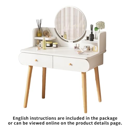 Makeup Vanity Table Set with Mirror, 2 Drawers, 2 Shelves, White | Medium Density Fiberboard, Modern Design, 31.5"L x 15.7"W x 47.2"H, No Stool Included - color: White