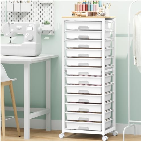 Sykiariol Rolling Cart with 12 Drawers,White | Storage Cart with Wooden Tabletop and Wheels for Craft Organizer,Classroom,Office,Easy Assembly - color: White, size: 12 Drawers