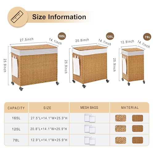 Handwoven Hamper with Lid, Laundry Basket with Wheels, Machine Washable Liner, Clothes Hamper for Bathroom Laundry Room Bedroom(Rattan, 78L) - color: Rattan/With Lid/78L