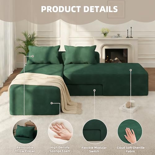 Boneless Sectional Couch, 4 in 1 Convertible Cloud Couch with Reversible Chaise & Deep Seat, Modular Sectional Sofa for Apartment, No Assembly Chenille Foam Couch in a Box, Green - color: Green, size: 89" Convertible Chaise Chenille
