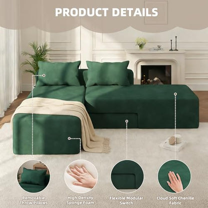 Boneless Sectional Couch, 4 in 1 Convertible Cloud Couch with Reversible Chaise & Deep Seat, Modular Sectional Sofa for Apartment, No Assembly Chenille Foam Couch in a Box, Green - color: Green, size: 89" Convertible Chaise Chenille