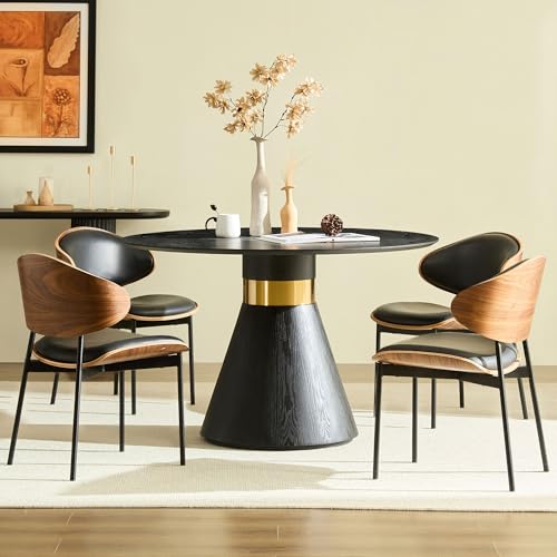 Round Dining Table for 6 People, 47.24 Inches Dining Room Table, Modern Wood Round Kitchen Tables Black Pedestal Base with Gold Trim Ring for Dining Room, Kitchen, Living Room - color: 47.24 Inch Black With Gold Trim