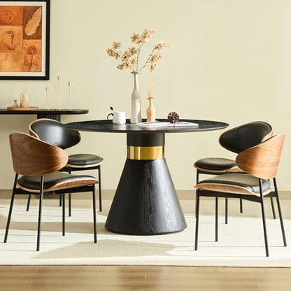 Round Dining Table for 6 People, 47.24 Inches Dining Room Table, Modern Wood Round Kitchen Tables Black Pedestal Base with Gold Trim Ring for Dining Room, Kitchen, Living Room - color: 47.24 Inch Black With Gold Trim