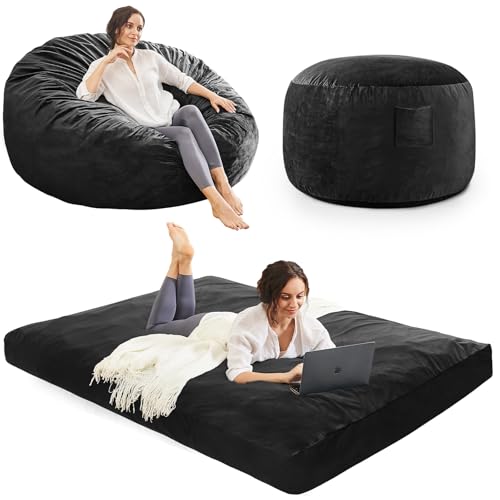 Bean Bag Chairs for Adults - Giant Bean Bag Convertible Floor Sofa | 3 IN 1 Lounger Couch Sofa, Memory Foam Filling, Removable Velvet Cover, Machine Washable, in Bedroom Living Room, Full Black - color: Carbon Black, size: Full