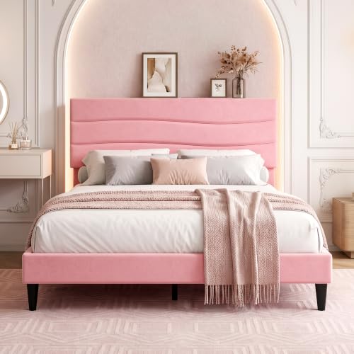 EnHomee Queen Bed Frame with Upholstered Headboard & Charging Station | Adjustable height, Wave design, 2 USB & 1 Type-C ports, Under-bed storage, Noise-free, No box spring needed, Pink - color: Pink, size: Queen