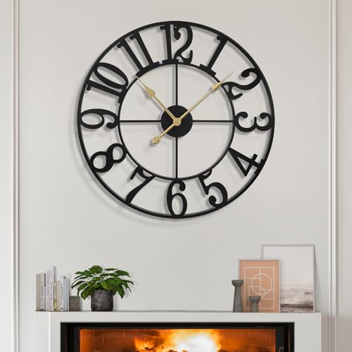 LEIKE Large Wall Clocks,Silent,Non Ticking,Battery Operated Small Vintage Round Modern Metal Wall Clock for Living Room, Bedroom,Kitchen,Farmhouse,Office Decor-13.5 Inch(Black-Arabic Number) - color: Black Metal-arabic Number, size: 13.5 IN