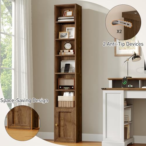 7-Tier Tall Narrow Bookshelf with Door, 70.9 Inches CD DVD Slim Media Tower Rack with Storage Cabinet, Adjustable Shelves, Skinny Bookshelf Display Bookcase for Home Office, Walnut - color: Walnut