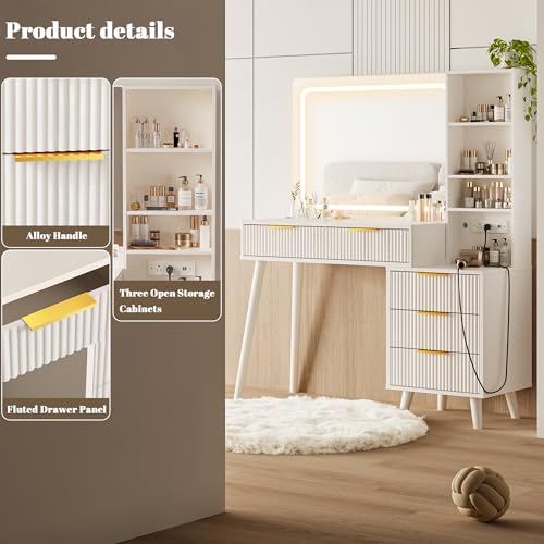Vanity Desk with Mirror and Lights, Makeup Vanity Desk with Power Outlet, Makeup Desk with 5 Drawers&Storage Shelves, Vanity Table 3 Color Modes Adjustable Brightness Dressing Table Set for Bedroom - style: White Vanity with Power Outlet