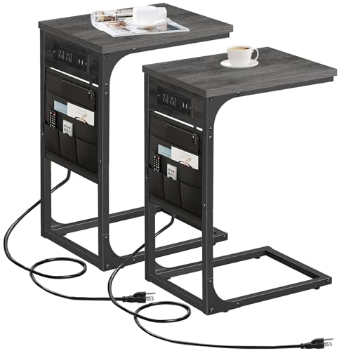 TUTOTAK C Shaped End Table with Charging Station, Side Table for Sofa | Couch Table with Storage Bag, TV Tray with 2 USB Ports and Outlets, Set of 2, Living Room and Bedroom, Grey TB01BY0242 - color: Grey, size: 2 Pack (11.8"W), style: With Plug