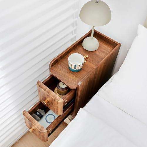 Narrow Nightstand Set of 2, Wooden Small 2 Drawer Nightstand, Slim Side End Table, Skinny Bedside Table, Mid Century Modern Night Stand with Drawers for Bedroom (Walnut-1 pc) - color: Walnut-1 Pc