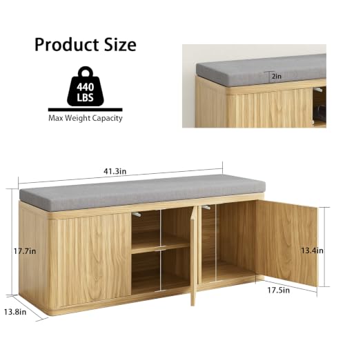 Shoe Storage Bench with Cushion,41.3" Entryway Bench with Storage and Adjustable Shelves,440 LBS Load Capacity,Shoe Rack Bench for Entryway,Bedroom,Living Room (Shoe Storage Bench-Oak) - color: 3 Door Shoe Storage Bench-oak