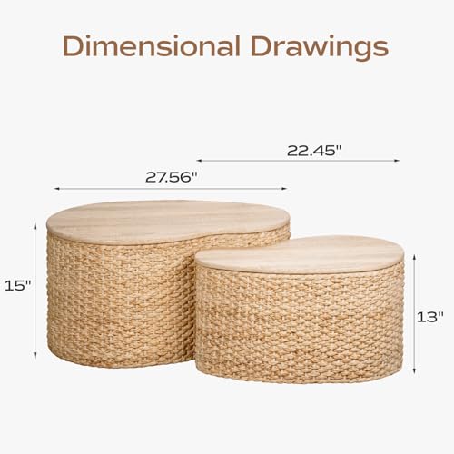 Cloud Nesting Coffee Table Set of 2 with Storage - Handwoven Wicker Rattan Ottoman Style, Boho Coastal Coffee Tables for Living Room, Rattan Coffee Table with Cover & Soild Wood Frame - color: Light Natural - Heart Shape