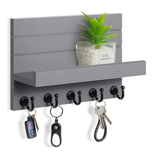 HONJIN Key and Mail Holder for Wall: Rustic Key Hanger Key Rack Organizer with 5 Sturdy Key Hooks for Entryway Bedroom Kitchen House Decor (Grey) | Key and Mail Holder Wall Mount, Wooden Entryway Organizer and Decorative, Easy Installation, 10*3.8*6.85 In