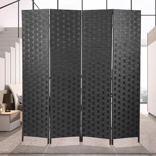BLKMTY Room Divider, 6ft Folding Privacy Screens, Wall Divider Portable Room Seperating Freestanding Wood Screen, 4 Panels Hand-Woven Design Screen Double Hinged Dividers for Bedroom, Black - color: Black