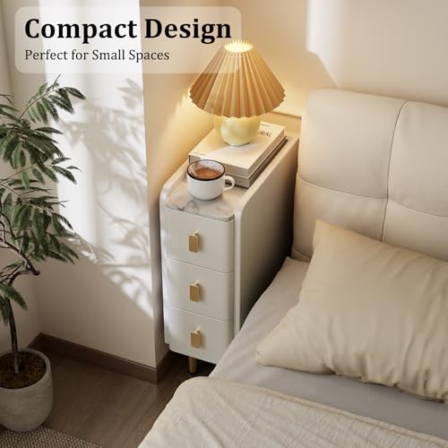 AQIMUELE Narrow Nightstand with Drawers, Narrow Side Table Leather, Small Bedside Tables for Bedroom. (White) - color: White, size: 7.8"W x 15"D x 22.8"H
