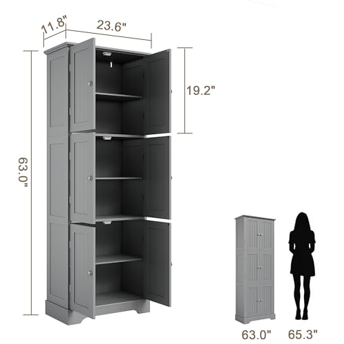 ChooChoo 160.5cm(63인치) 높이 욕실 보관 캐비닛, 6개의 문 포함 | 독립형 바닥 캐비닛, 조절 가능한 선반, 욕실, 주방, 세탁실용 식료품 저장실 캐비닛, 그레이 - color: 회색., size: 6-Door