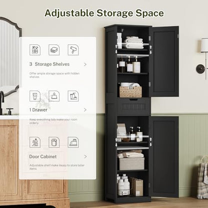 67" H Tall Storage Cabinet with 2 Doors and 1 Drawer, Narrow Black Cabinet with Adjustable Shelves, for Bathroom, Living Room, Entryway, Kitchen, Black - color: Black