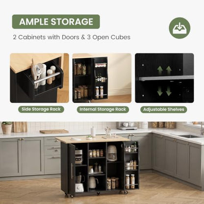 DUMOS 42in Kitchen Island with Storage, Drop Leaf, Spice Rack, Towel Rack | Rolling Cart on Wheels, Adjustable Shelves, Wood, Mobile Utility Serving Table, Living Room, Dining Room, Black - color: Black