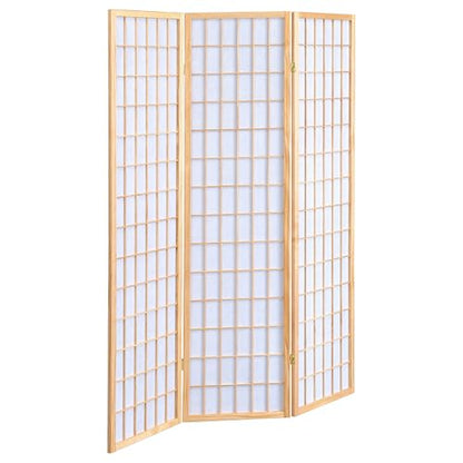 Coaster Home Furnishings - Carrie - Solid Wood - 3-Panel Folding Shoji Screen Room Divider with Linear Grid Design, Metal Hinges and Freestanding Piece - Living Room - Natural Brown - 4621 - color: Natural
