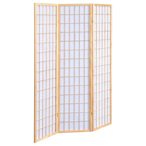 Coaster Home Furnishings - Carrie - Solid Wood - 3-Panel Folding Shoji Screen Room Divider with Linear Grid Design, Metal Hinges and Freestanding Piece - Living Room - Natural Brown - 4621 - color: Natural