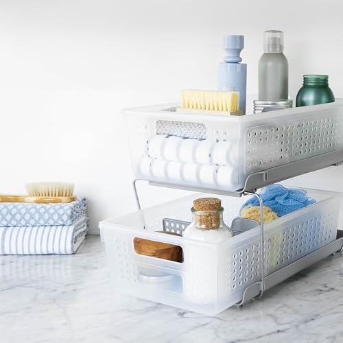 madesmart Two Tier Organizer with Dividers, Frost | pull out bins, tiered access, cleaning supplies, under sink use, pantry bottles, woman owned