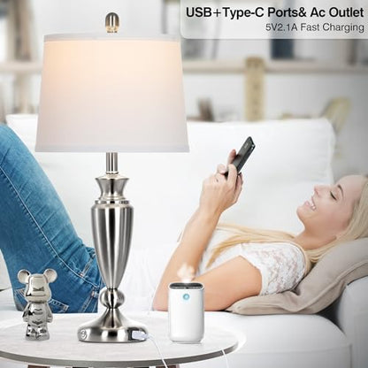 Rinweey Metal Table Lamps Set of 2, 3 Way Touch Control Silver Bedside Lamps with USB A+C Ports, Modern Brushed Nickel Nightstand Lamps for Bedroom Living Room - color: Silver-27"H