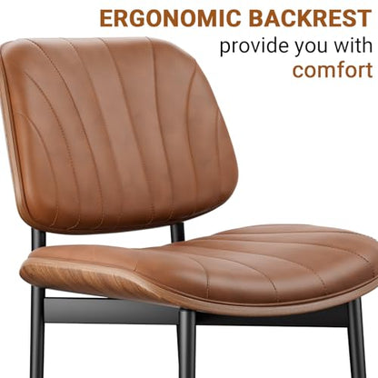 Dining Chairs Set of 2, Mid-Century Modern Upholstered PU Leather Chairs | with Walnut Bentwood Back and Metal Legs Adjustable Feet for Kitchen Dining Room, Camel Shell Strips - color: Camel Shell Strips