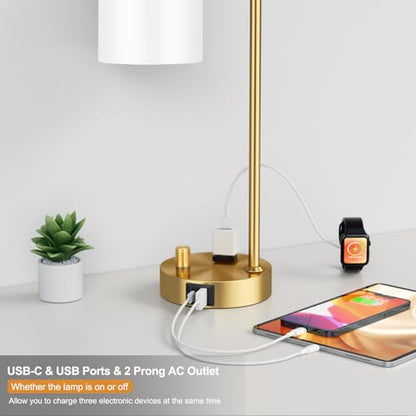 Innqoo Gold Lamp for Bedroom - Industrial Bedside Table Lamp with USB Port and Outlet, Fully Dimmable Nightstand Lamp with Opal Glass Shade, Small Desk Lamps for Home Office - color: Gold Base&Opal Shade