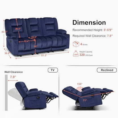 MCombo 82 in 3 Seater Reclining Sofa with Heat and Massage PR647 (Blue) | 155° Zero Gravity, Reclining Middle Seat, Dual Charging Ports, Cup Holders, FSC & OEKO Certified - color: Navy Blue, size: 3 Seater Recliner with Zero Gravity
