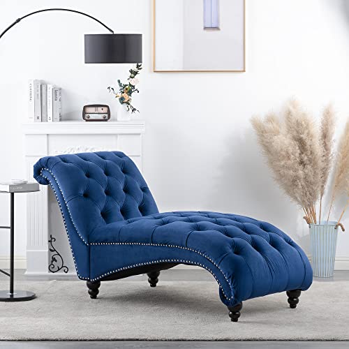 Button Tufted Chaise Lounge Velvet Upholstered Mid Century Modern Accent Sofa Chaise Armless Elegant Recliner Lounge Chair Solid Wood Legs (Navy Blue) - color: Navy Blue