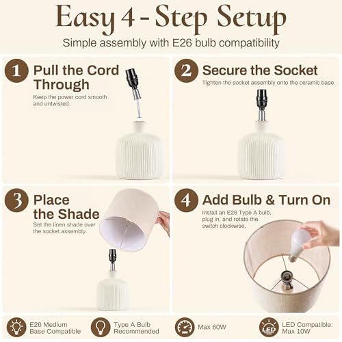 Ceramic Table Lamp, Off-White, 17.75" | Rustic Farmhouse, Beige Linen Shade, Warm Ambient Lighting, Bedside Nightstand - color: Off-White