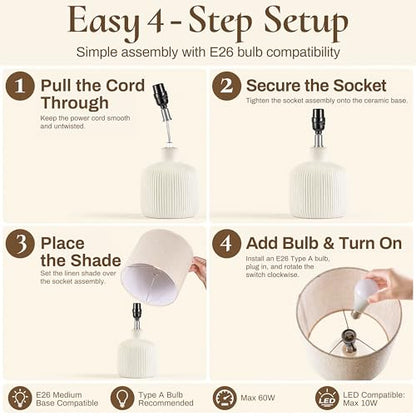 Ceramic Table Lamp, Off-White, 17.75" | Rustic Farmhouse, Beige Linen Shade, Warm Ambient Lighting, Bedside Nightstand - color: Off-White