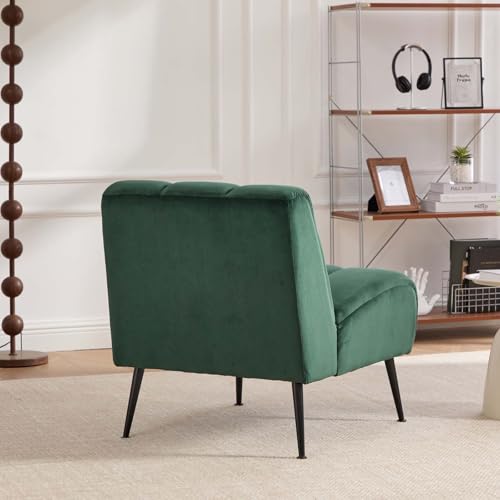 Velvet Slipper Chair, Armless Upholstered Accent Chair with Black Metal Legs, Modern Lounge Chair for Living Room, Bedroom, Office & Reading Nook (Green+Metal) - color: Green+metal