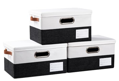 Storage Bins with Lids [3-Pack] Linen Fabric Foldable Storage Boxes Organizer Containers Baskets Cube with Cover for Bedroom Closet Office Black & White（11.4X8.6X6.7 - color: Black & White, size: S(3-Pack)