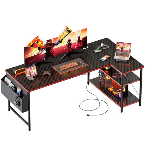 55 inch L Shaped Gaming Desk, Large Corner Desk with Shelves | Reversible Computer Desk with Power Outlets & Storage Bag, Office Table for Home Bedroom Study Work Writing - color: Carbon Fiber, size: 54 inch