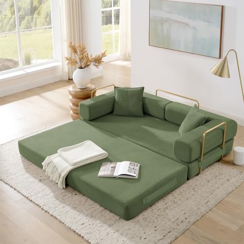 4-in-1 Folding Convertible Sofa Bed, 78 Inch Oversized Corduroy Upholstered Boneless Couch, Loveseat Sleeper with Pull Out Bed, Floor Sofa Modular Futon Couch for Living Room Bedroom Lounge, Green - color: Green
