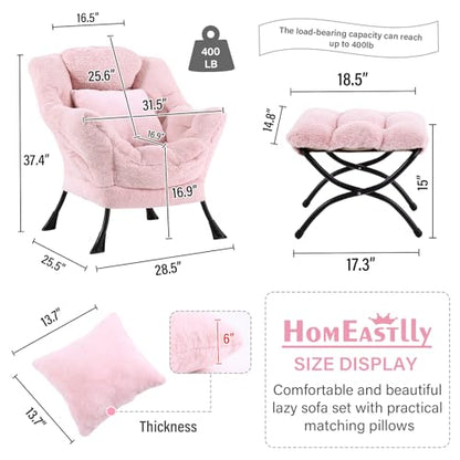 Lazy Chair with Ottoman, Plush Reading Chair with Pillow，Pink | Removable machine-washable cover; includes an extra throw pillow; cozy accent chair for living room, bedroom, dorm or office - color: Plush Cotton Candy Pink