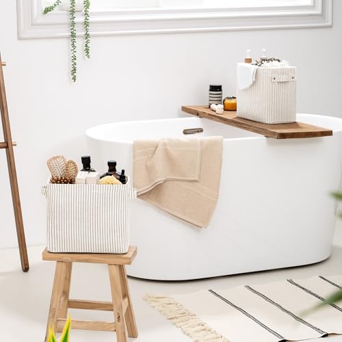 StorageWorks Narrow Storage Bins, Tall Storage Basket, 2-Pack | Khaki and Beige Stripes, Reinforced Handles, Sturdy Structure, For Bathroom, Closet, Shelf, Storage Makeup, Socks, Underwear - color: Khaki and Beige Stripes, size: 10¾"L x 6 ½"W x 9¼"H