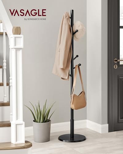 VASAGLE Solid Wood Coat Rack, Free Standing Hall Coat Tree with 8 Hooks, 3 Height Options, for Coats, Hats, Bags, Purses, for Entryway, Hallway, Rubberwood Hooks and Pole, Ink Black URCR007P33 - color: Ink Black, style: Round Base + Spherical Hooks