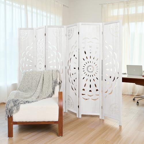 66.9Inch Wooden Room Partition - 6 Panels Boho-Styled Space Room Divider for Home/Office, Headboard & Yoga/Photo/Video Call Backdrop (White) - color: White, size: 6 Panels