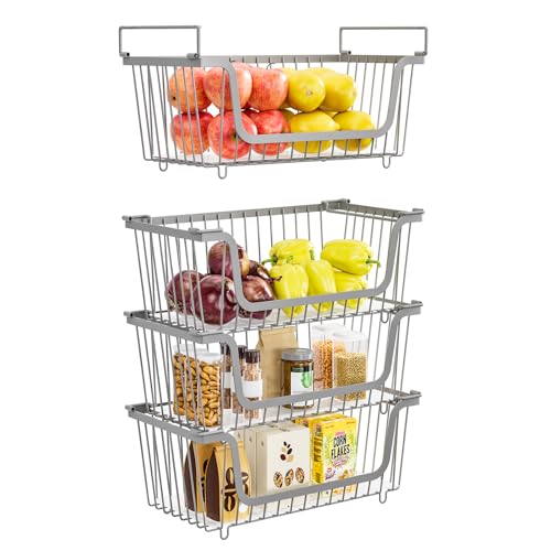 4 Pcs Stackable Wire Baskets for Pantry Organizers and Storage, Gray | Metal Baskets with Handles,Produce Potato Onion Storage Bin,Vegetable Fruit Basket for Countertop, Kitchen Storage - color: Gray