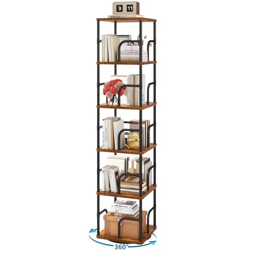 IBUYKE 6 Tier Rotating Bookshelf,Square Bookcases,Brown TBC005H | 360°Spinning Bookcases Tower Freestanding Corner Bookshelf with Rails Industrial Bookcase Organizer for Bedroom Living Room - color: Rustic Brown, size: 6 Tier