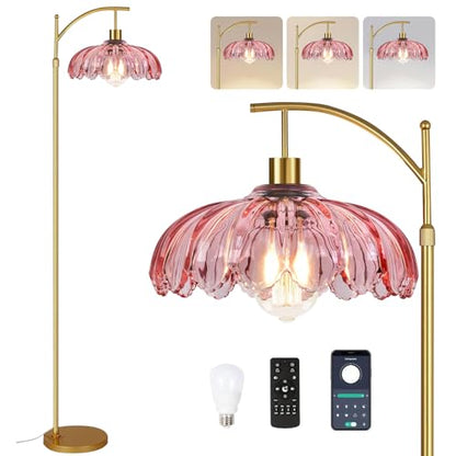 QIYIZM Pink Floor Lamp for Living Room,Bedroom,Gold Dimmable Standing Lamp with Remote,Mid Century Modern Brass Tall Lamp Boho Floor Lamps Arc Stained Glass Flower Floor Light Lamp Girls kids Bohemian - size: 22-Floor Lamp